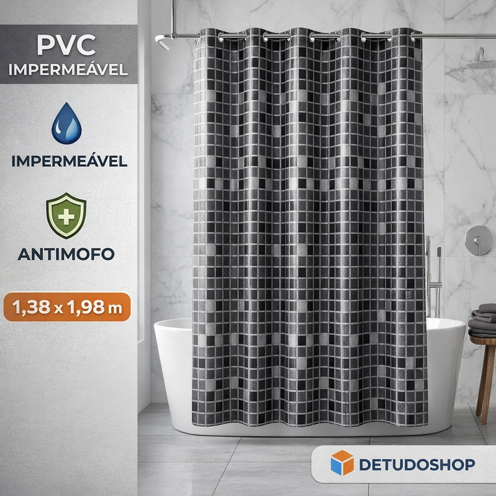 Cortina Box 1,38x1,98m Banheiro Com Ilhós Pastilha Preta Antimofo Impermeável PVC