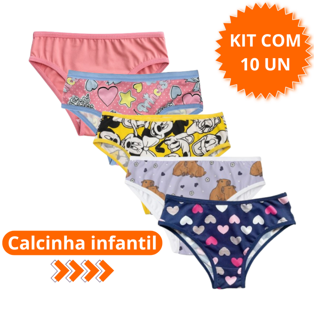 Kit 10 Calcinhas infantil Criança Menina Bebê Forro Algodão Segura Fralda Promoção