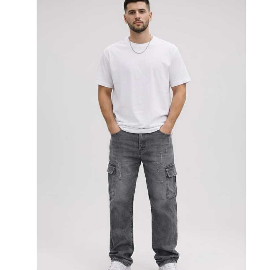 Calça Cargo Masculina Jeans Grafite Adulto Casual Urbana Confortável