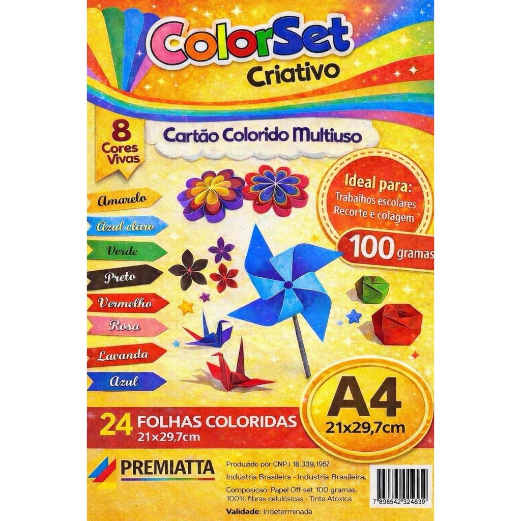 Kit 24 Folhas Cartolina ColorSet Criativo A4 100g | Cores Vivas Sortidas para Escola, Origami em Oferta na Shopee
