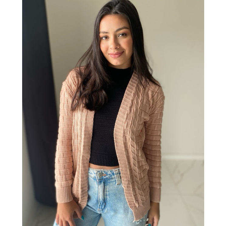 Casaco Tijolinho Trança Tricot feminino cardigan LAURA kimono moda blogueira tricô inverno