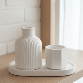Conjunto Minimalista em Gesso - Bandeja Vaso Flores secas + vaso Hexagonal para Suculenta Porta Vela em Oferta na Shopee