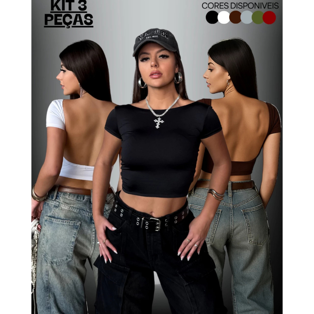 Kit 3 Cropped Feminino Costa Nua Manga Curta Baby Tee Suplex Liso Básico Casual Tecido Duplo