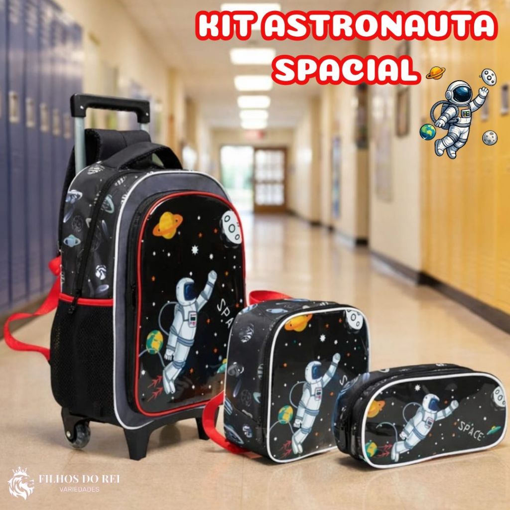 Kit Mochila de rodinha escolar Nave Espacial Espaço com Lancheira Térmica e Estojo Duplo (PRETO)