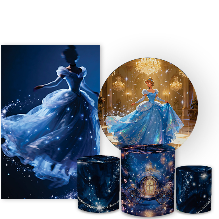 Capa Painel 1,50x1,50 + Trio Cilindro Princesa Cindrela Sapatinho Cristal Decoração Festa Infantil