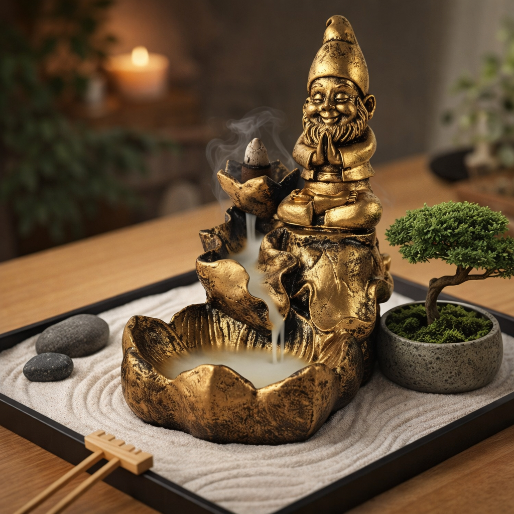 Imagem Incensário Cascata Duende Zen Resina Dourada – Decorativo Relaxante Mesa, Sala e Espaço de Meditação