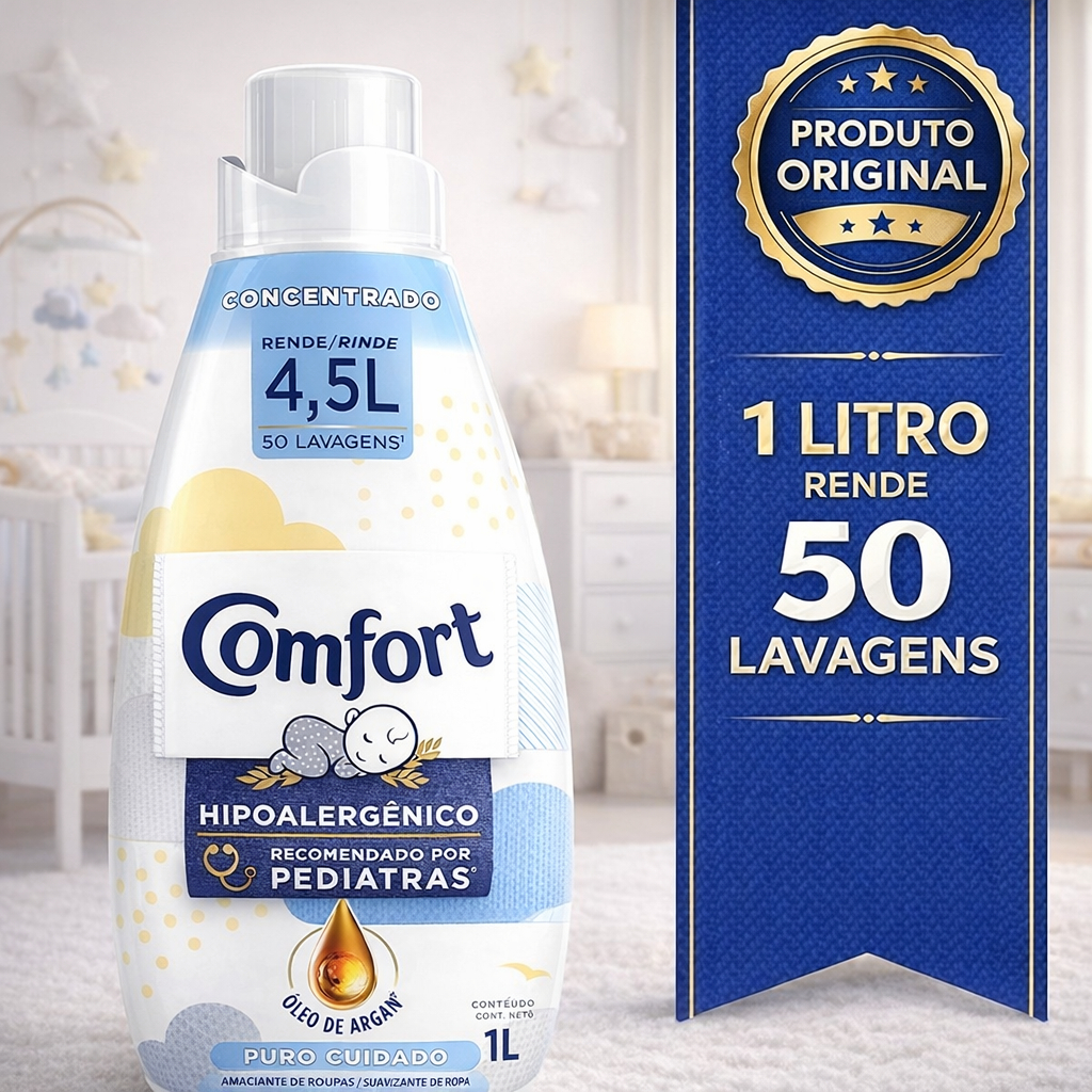 Amaciante Comfort Hipoalergênico Concentrado 1L Bebê | Rende 50 Lavagens | Óleo de Argan | Original