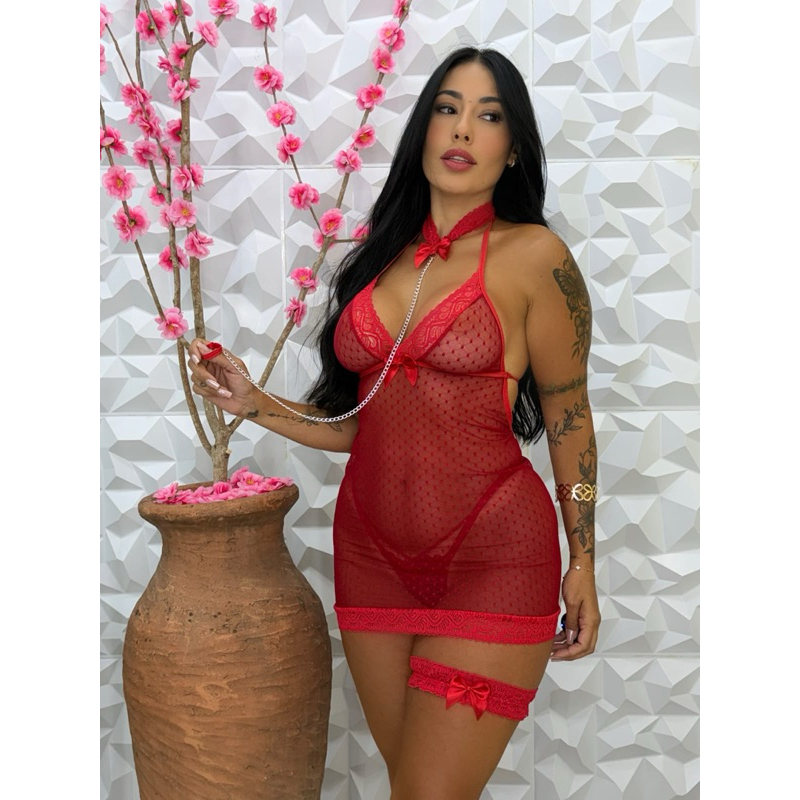 Conjunto Feminino Renda e Tule com Coleira, Perneira e Calcinha Fio