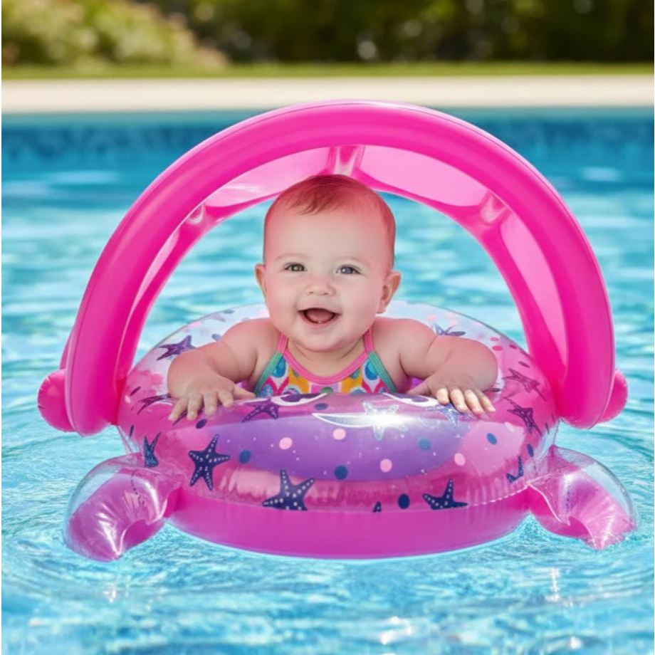 Boia Infantil Caranguejo Cobertura Solar Piscina - proteção bote para bebê - Rosa