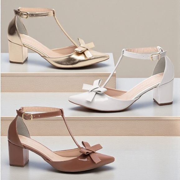 Scarpin Salomé com Laço Salto Baixo Sapato Aberto Lateral Dourado Caramelo Off White Preto Rosa Rose Verde Azul Vermelho em Oferta na Shopee