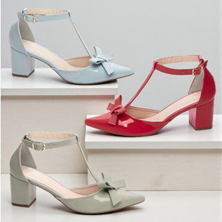 Scarpin com Laço Salto Baixo Grosso 6cm Colorido Verde Azul Vermelho Sapato Salomé Aberto Lateral Confortável Elegante em Oferta na Shopee