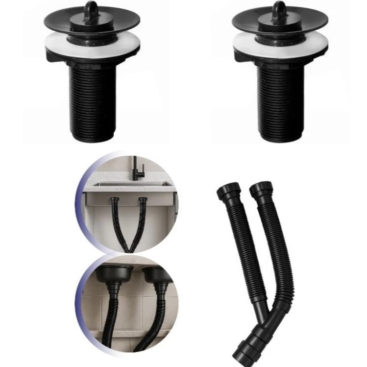 Sifão Duplo Preto Sanfonado + Válvula Tanque/Lavátorio ABS Preto Kit Sifão Duplo Preto + 2 Válvulas.