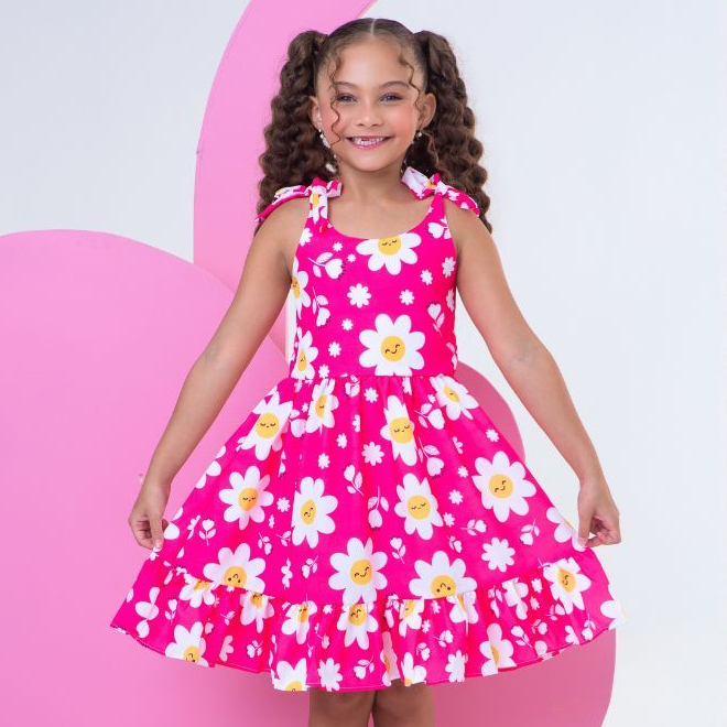 Vestido Infantil Rosa Menina Flor Verão Alça Rodado Fresco Casamento Aniversario Passeio Luxo Babado Babado