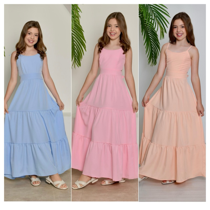 VESTIDO LONGO INFANTIL MENINA JUVENIL LISO LAÇO ALCINHA DE AMARRAR REGATA 3 MARIAS em Oferta na Shopee