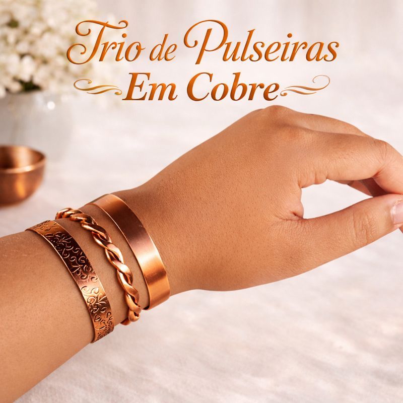 Trio de Pulseiras em Cobre Modelo Lisa, Bordada e Trançada em Oferta na Shopee