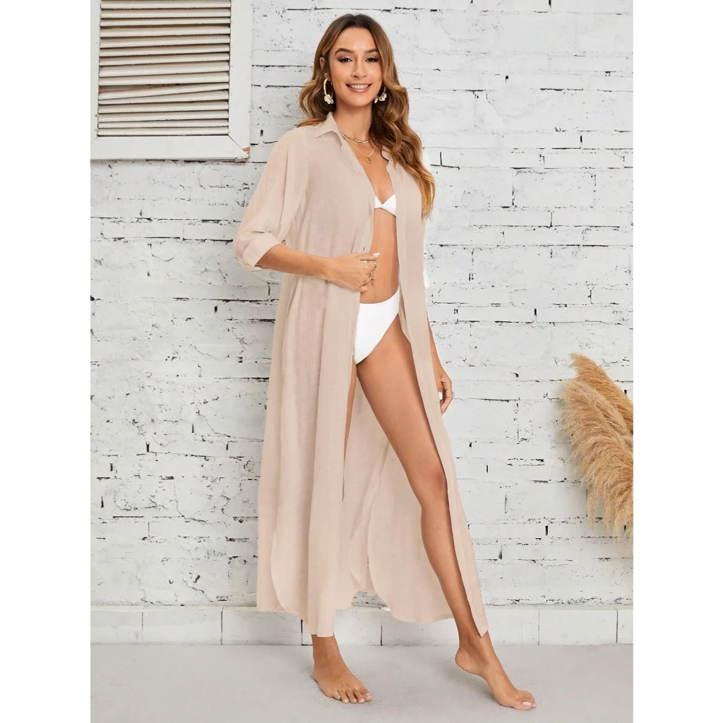 Saída de Praia Longa Kimono em Tule Fenda Lateral Moda Praia Feminina Verão — imagem 1