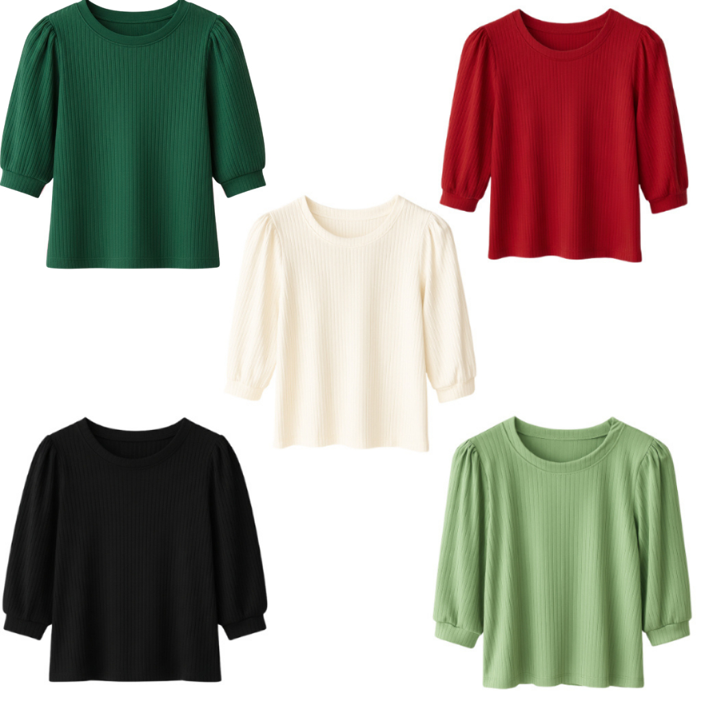 Kit 5 Blusas Feminina Manga 3/4 Malha Canelado Toque De Algodão 3D Zero Transparência Caimento Gola Redonda