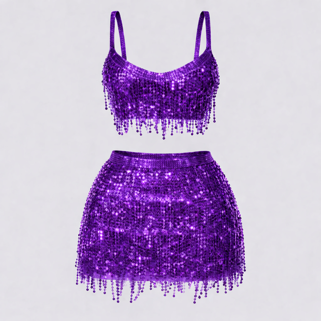 Conjunto Feminino Carnaval Top e Saia com Franjas e Paetês Brilhantes
