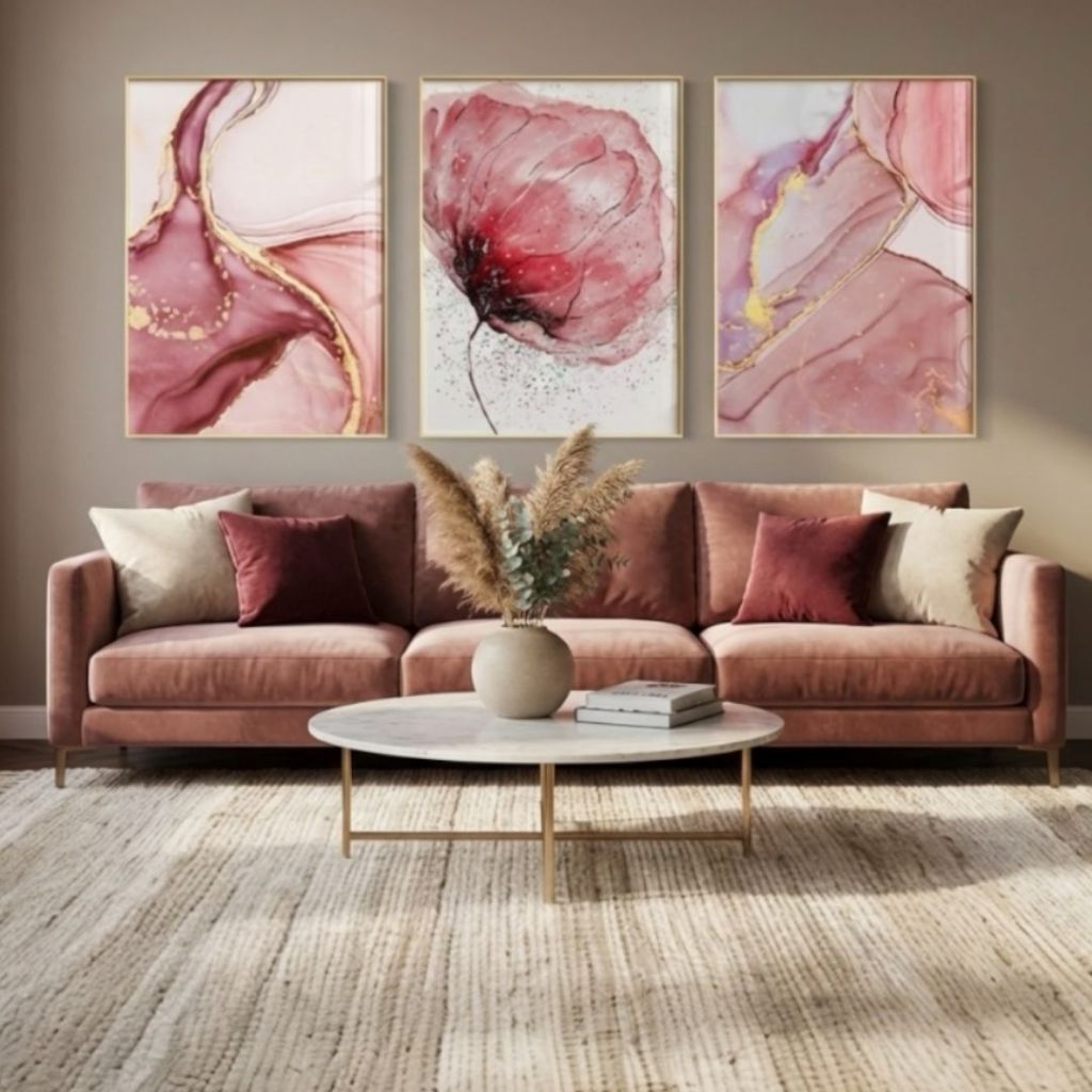 Quadro decorativo abstrato moderno 3 peças flor rose marmorizado dourado decoração chic sala quarto em Oferta na Shopee