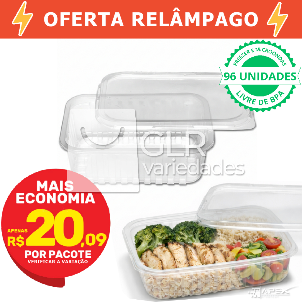 96 a 24 Potes c tampa Freezer Microondas 350 a 1000mL Marmita Fitness anti vazamento descartavel