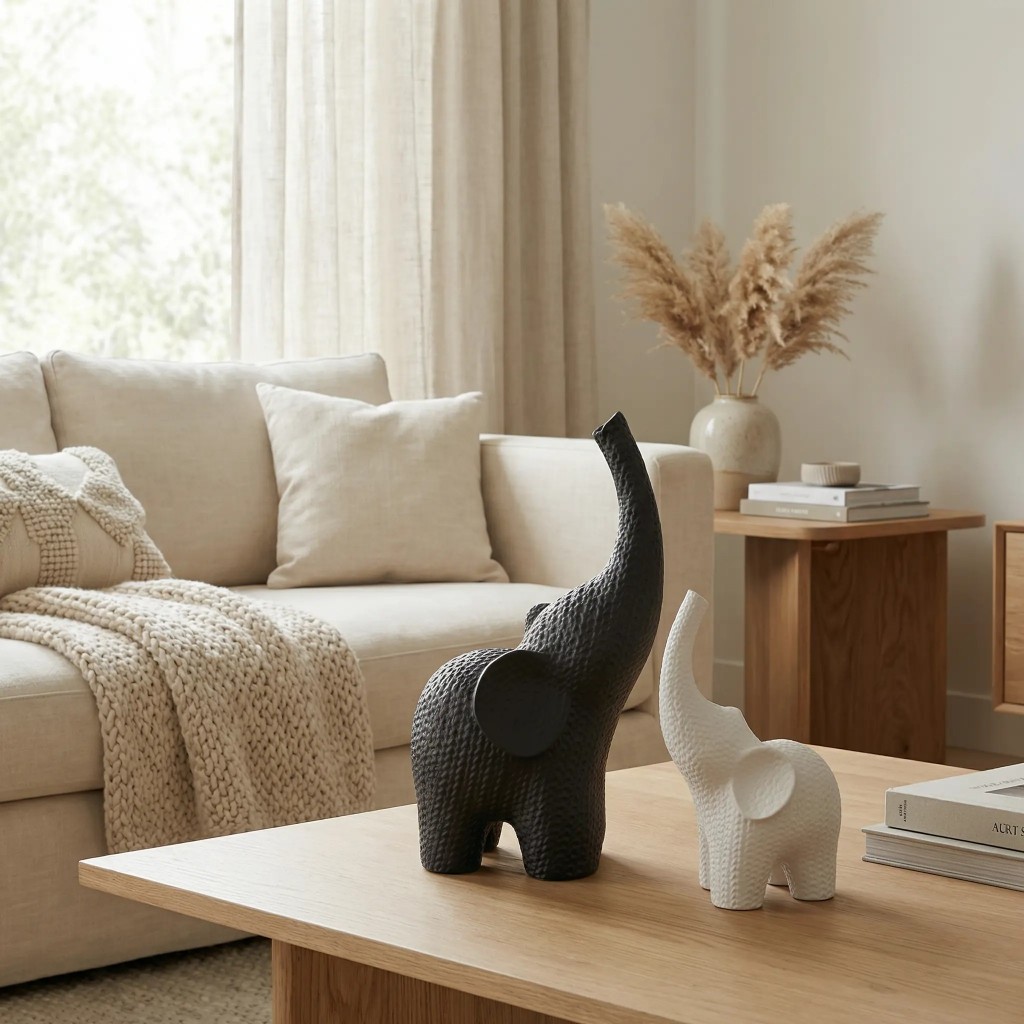 Kit 2 Escultura Elefante Efeito Crochê Texturizado Decoração Moderna Casa Escritório Presente Sorte