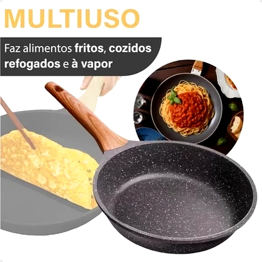 Imagem Frigideira Antiaderente de Alumínio Revestimento Cerâmico Premium Funda Cabo Madeira Não Gruda 24/28cm