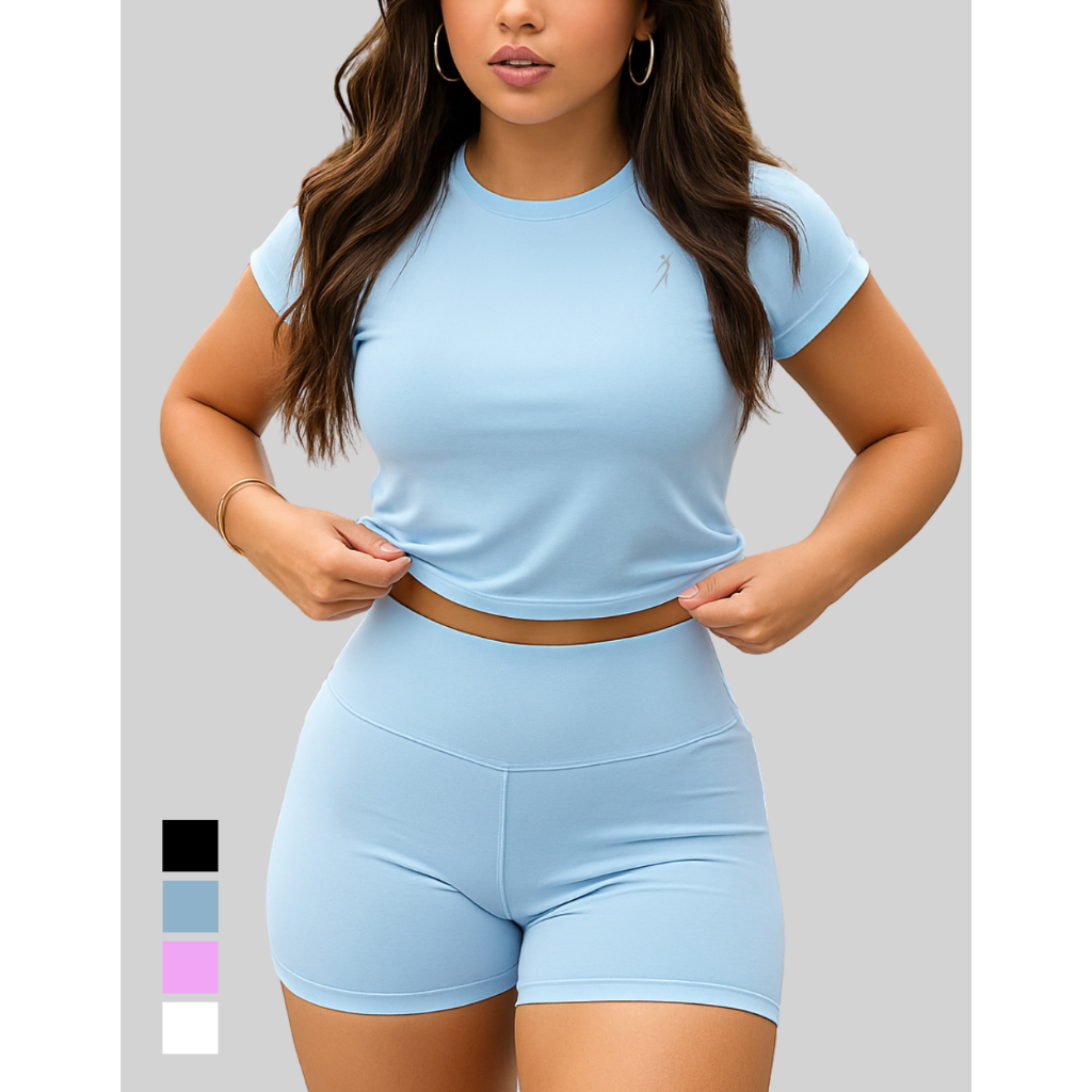 Conjunto Fitness Cropped Blusinha Coladinha e Short Zero Transparência Academia Treino Pre...