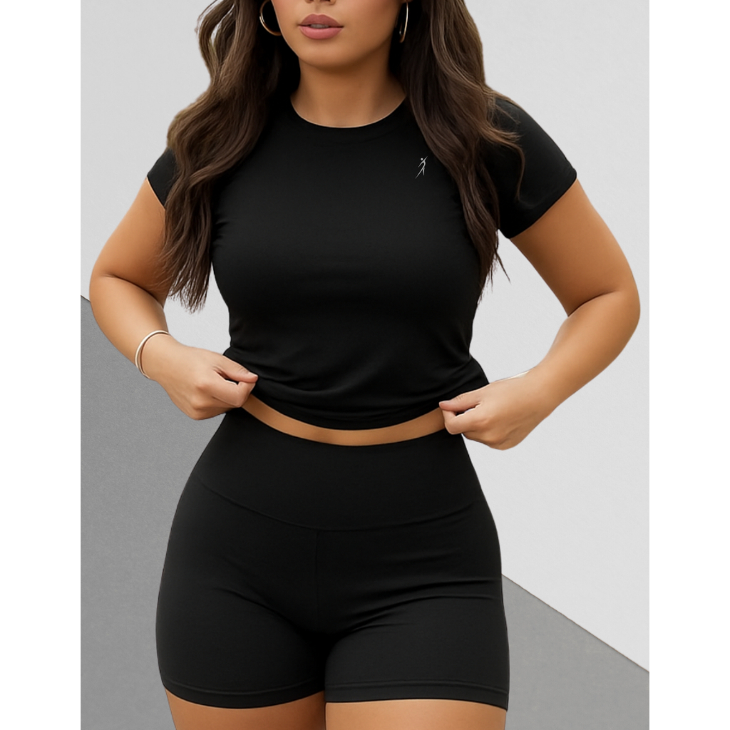 Conjunto Fitness Feminino Camiseta De Compreensão Coladinha +Short Zero Transparência Academia