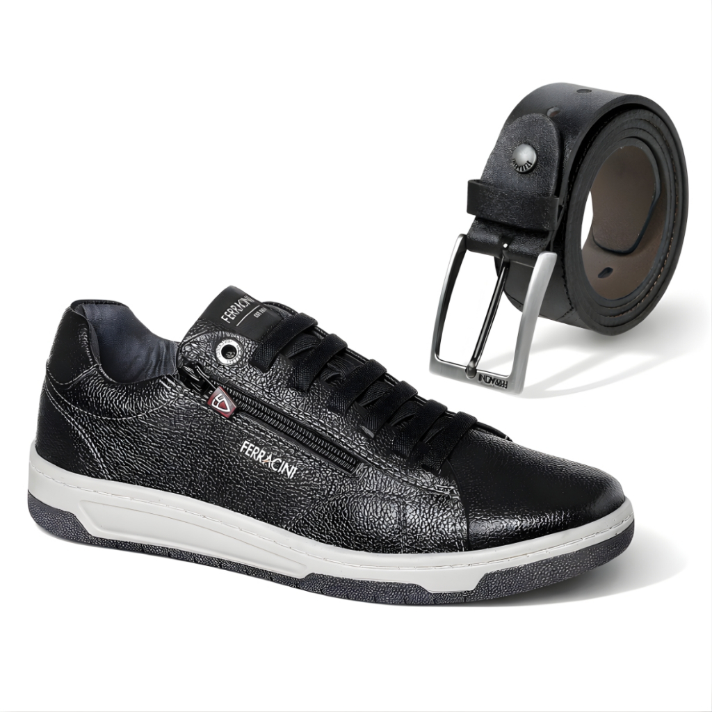 Combo Sapatênis Masculino Ferracini Vox Couro Legitimo Kit Cinto Elastico e Sapato Com Zip...