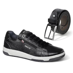 Combo Sapatênis Masculino Ferracini Vox Couro Legitimo Kit Cinto Elastico e Sapato Com Ziper Lateral