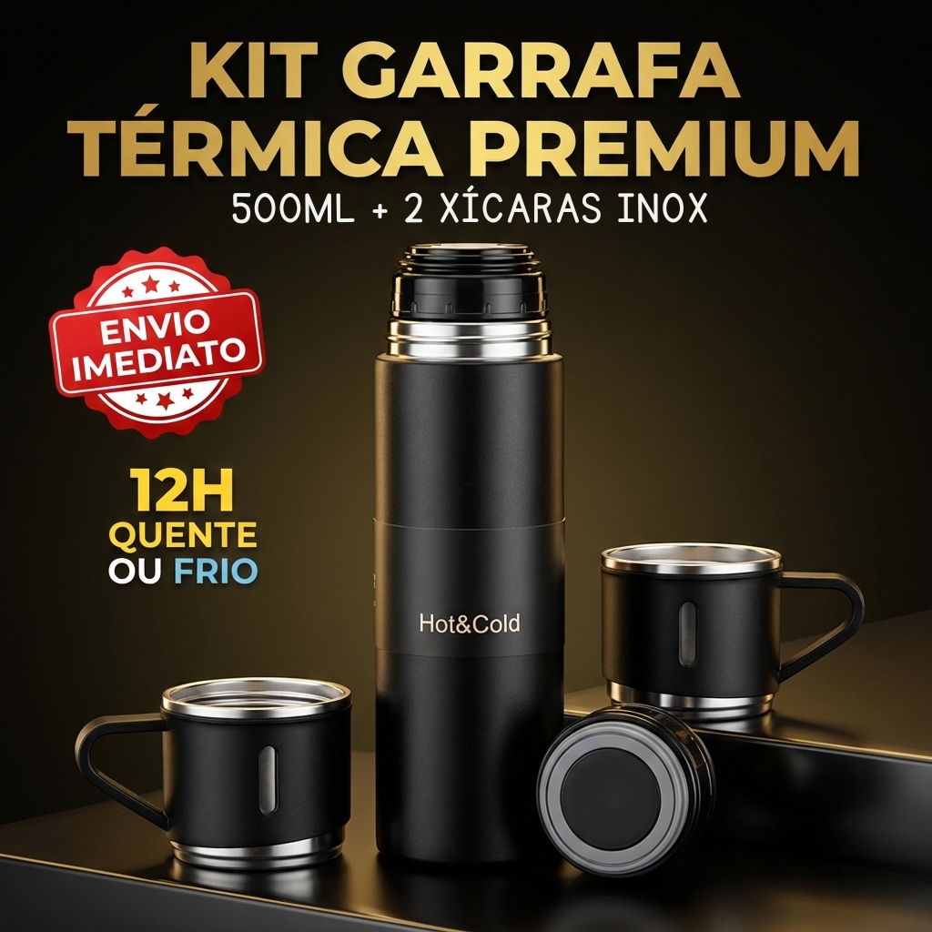 Caneca Kit Garrafa Térmica Vacuum Bottle Inox 500ml 2 Xícaras Bebidas Fria Quente Copo Para Camping