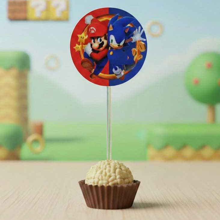 50 Tags Topper Docinho Cupcake Mario e Sonic Personalizado Festa Infantil Enfeite Mesa Doces Videogame