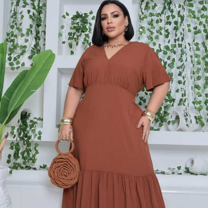 Vestido Viscolinho Feminino Longo Plus Size em Decote V Elegante em Oferta na Shopee