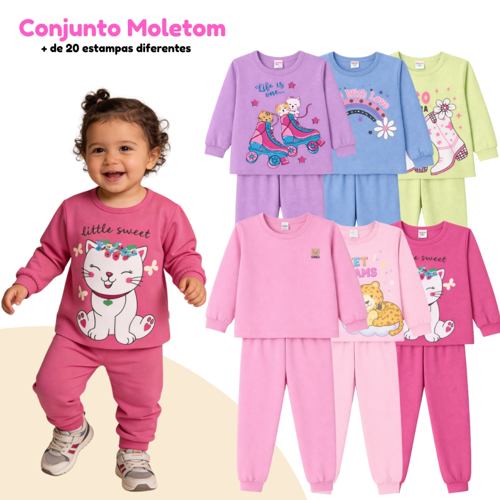 Kit 4 a 10 Peças Conjunto Inverno Moletom Bebê Infantil Menina Liso e Estampado Sortido Frio