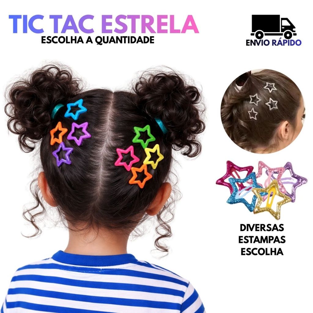 TIC TAC Presilhas Estrela, Infantil, Grampos para Meninas Coloridas, Prendedor Acessório de Cabelo ★