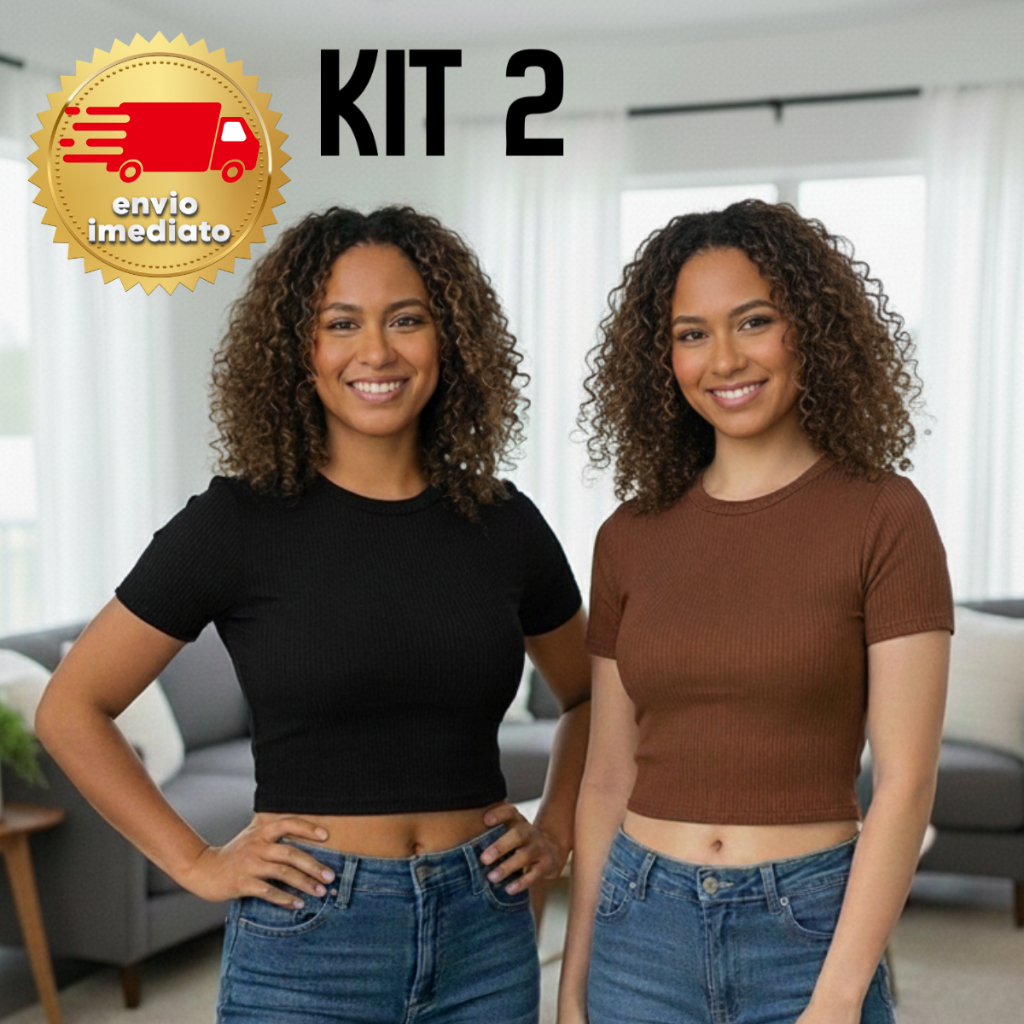 KIT 2 Baby Tee Blusinha Feminina Manga Curta Gola Redonda Ribana Canelado