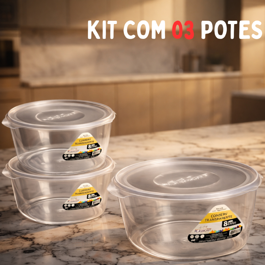 Kit 1 a 3 Potes Redondo 8 Litros Transparente Resistente em Oferta na Shopee