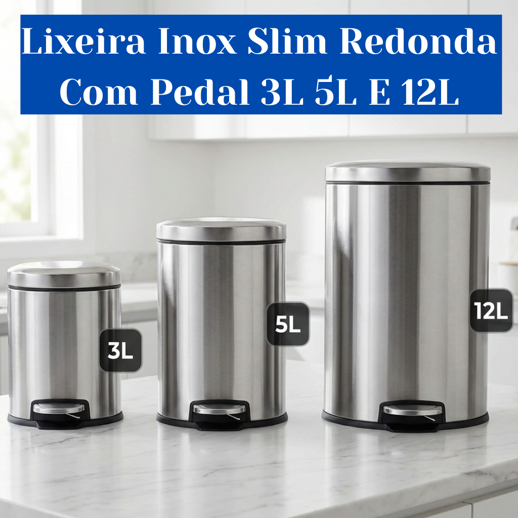 Lixeira Inox Slim Com Pedal Redonda 3L 5L 12L Ideal Para Banheiro Cozinha Ou Escritório