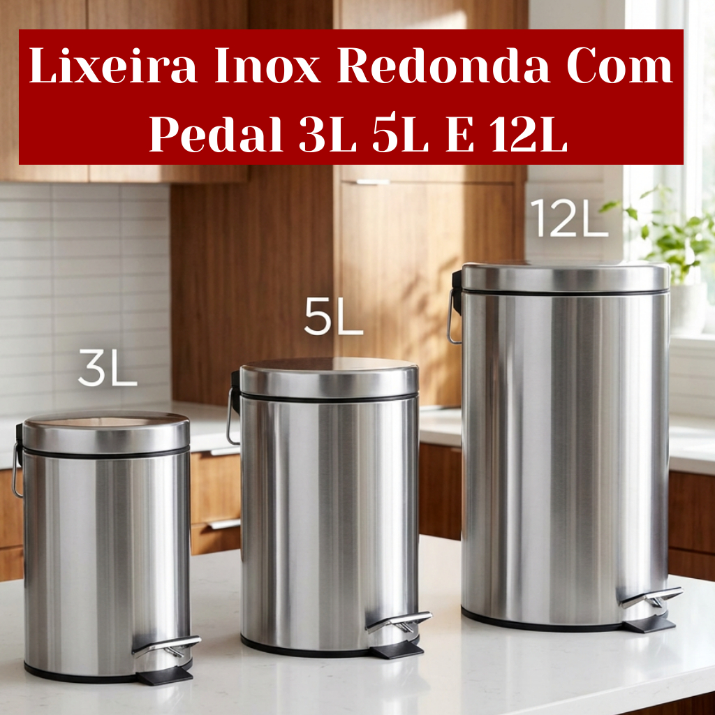 Lixeira De Inox 3L 5L E 12 Litros Com Cesto E Pedal Redonda Multiuso Cozinha Escritório Ou Banheiro