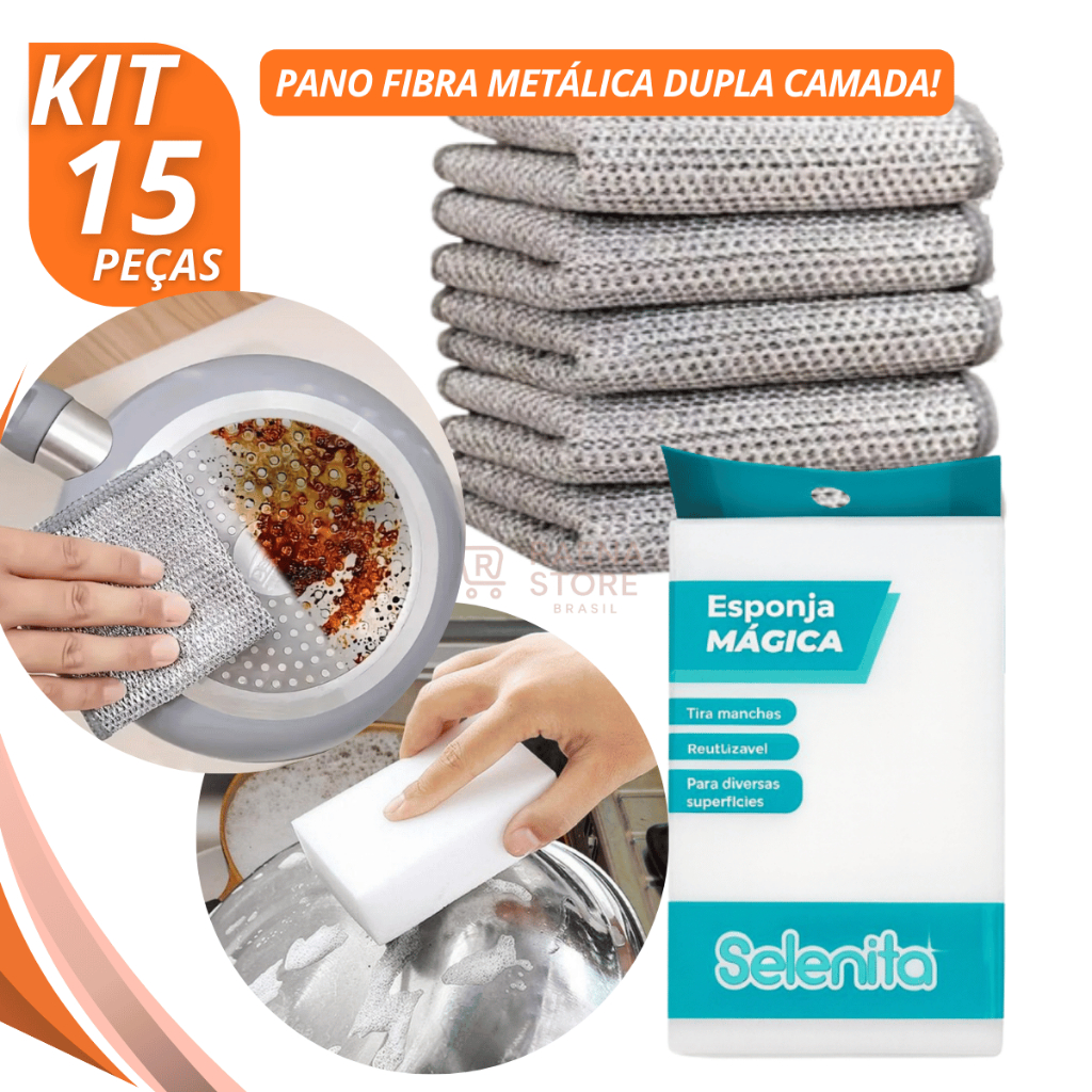 Imagem Kit Pano de Limpeza em Fibra Aço Inox + Esponja Mágica Limpeza Pesada Cozinha Panelas Multiuso