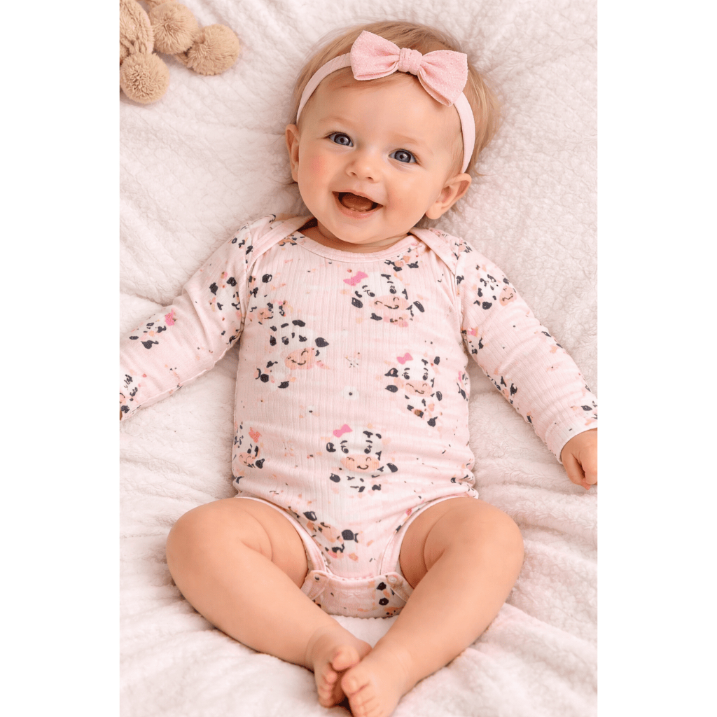 Body Bebê Canelado Longo Infantil Rosa Estampado Vaquinha Menina