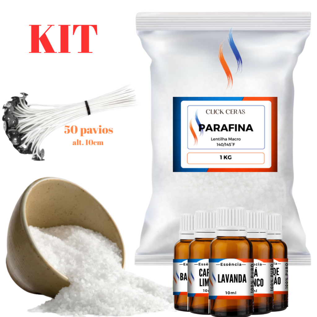 KIT Parafina 1kg + Essência 10ml + 50 Pavios para velas Alt.10cm em Oferta na Shopee