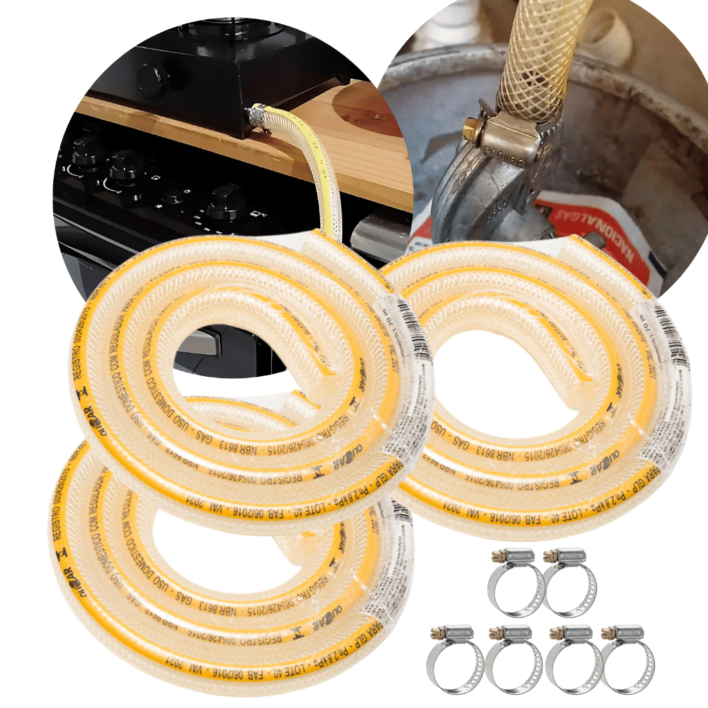 Kit Mangueira Para Gás Cozinha GLP 80cm + Abraçadeiras Mangueira De Botijão De Gas Fogao 1 - 2 - 3