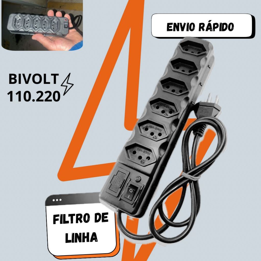 Filtro de Linha Régua 3, 4, 5 e 6 Tomadas 10A com Fusível de Proteção – Plugue Tripolar Reforçado