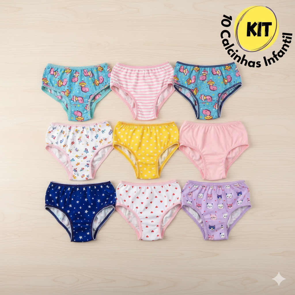 Kit Calcinhas Infantil Menina 100% Algodão Confortável Atacado Estampadas Sortidas P ao GG Criança