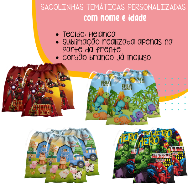 Sacolinha Personalizada para Lembrancinha 15x20cm com Cordão Surpresa Aniversário Infantil Doces Brinquedos Festas