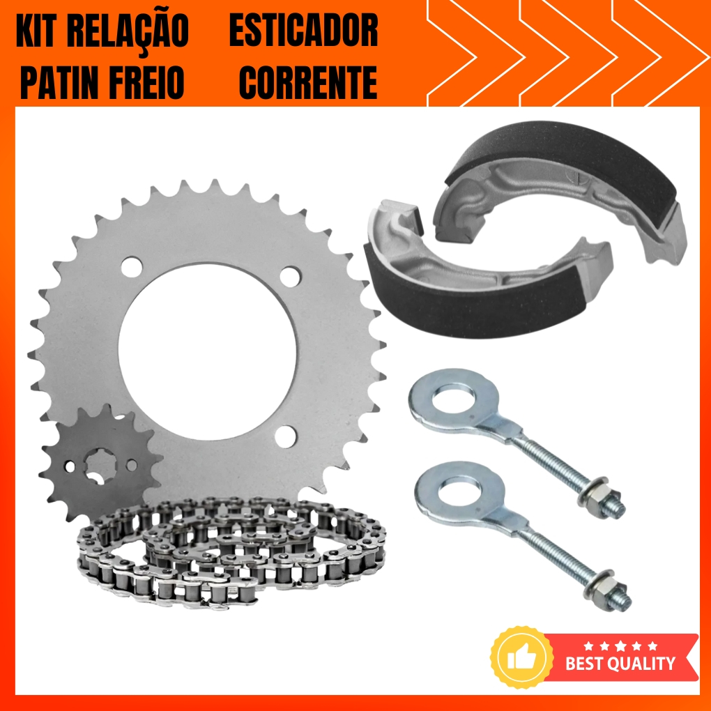 Kit Relação Transmissão Biz 125 2006 á 2024 + Patin Freio + Esticador Corrente Traseiro