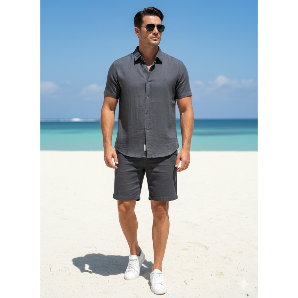 Conjunto Masculino Linho Premium Fatal Camisa Manga Curta + Bermuda Chumbo Social Casual Luxo Verão Kit Conforto