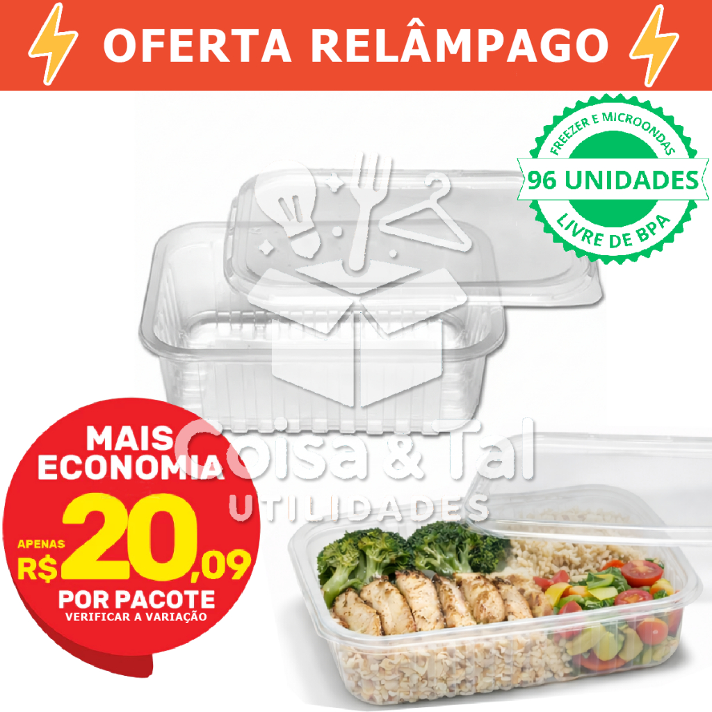 Imagem 96 a 24 Marmita Fitness Potes c tampa sem vazemento Freezer Microondas 350 a 1000mL descartavel