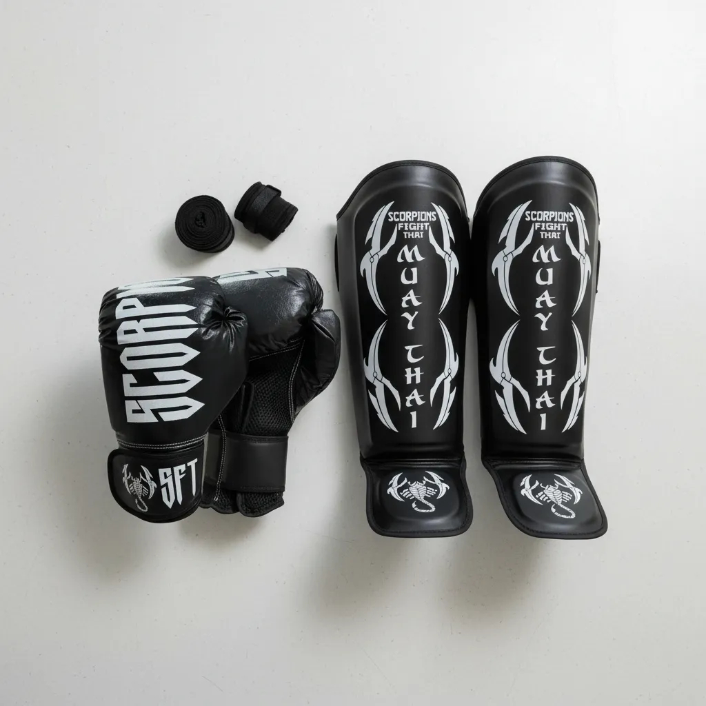 Luva Muay Thai Boxe Profissional Scorpions + Caneleira + Bandagem